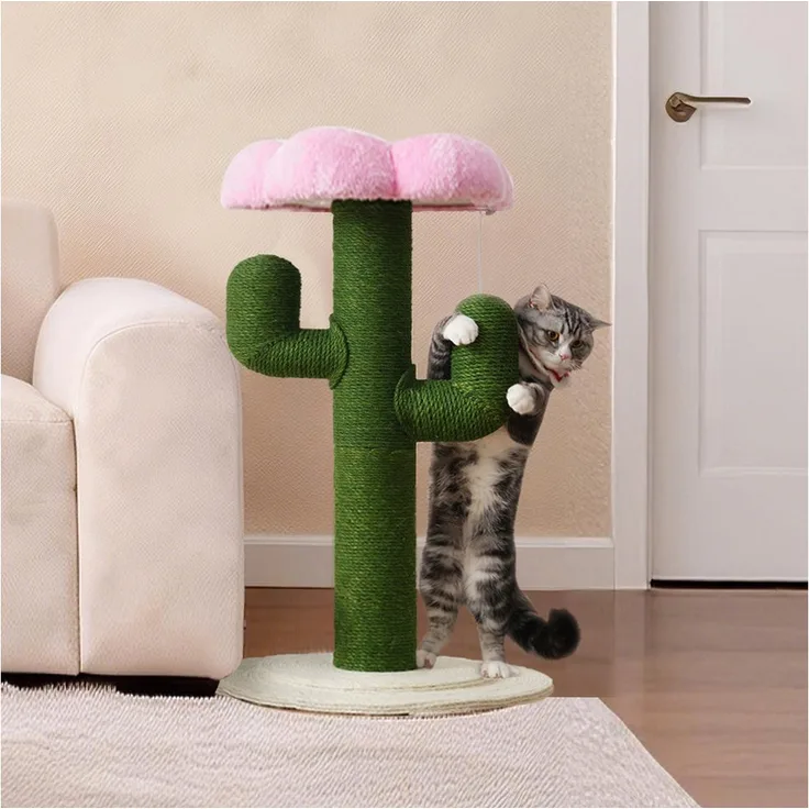 Odikalo Kaktus Kratzbaum Katzenkratzsäule, grün-Design mit dicken Sisalstämmen und Kippschutz, 90 cm