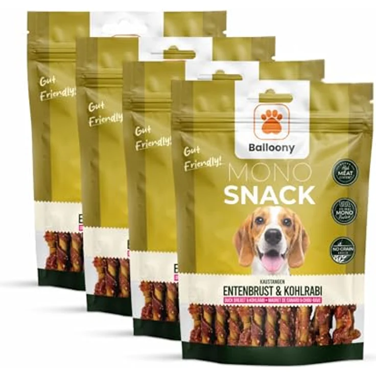 Balloony.pet Monosnack Kaustangen Entenbrust & Kohlrabi, natürliche Hundeleckerli für empfindliche Hunde, luftgetrocknete Snacks, 4x150g