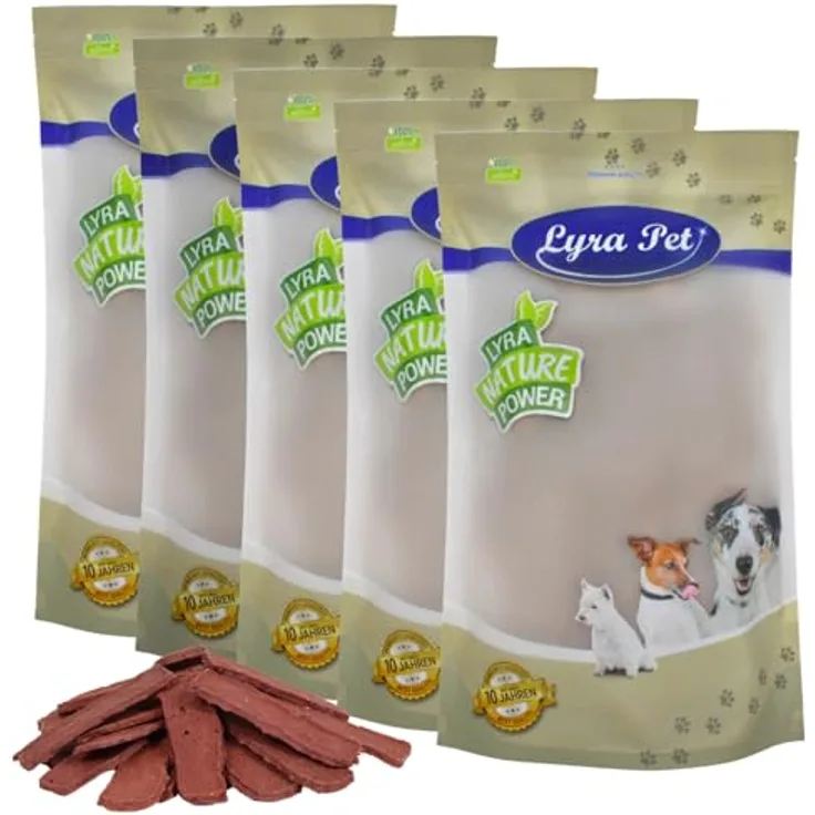 Lyra Pet® Pferdefleischstreifen Hundefutter Snack, 5 kg, fettarm, schonend getrocknet, ideal für Welpen und Senioren, wieder verschließbarer Beutel
