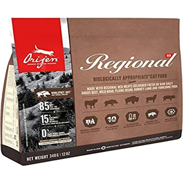 Orijen Regional Red Cat Whole Prey Probepackung, Katzen-Trockenfutter mit gefriergetrockneten, ganzen tierischen Inhaltsstoffen, 340 g – Bild 1