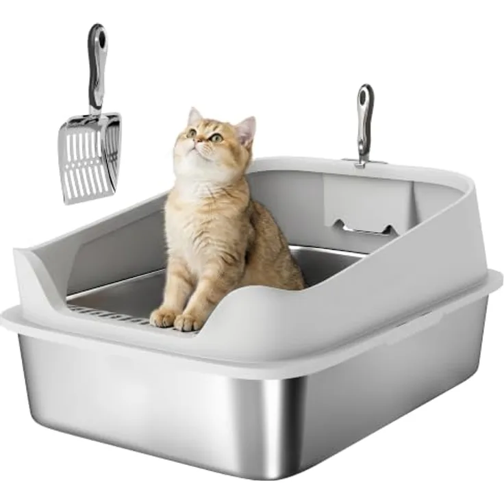 PawHut Offene Katzenklo Edelstahl, hohe Wände, für große Katzen bis 12 kg, grau, 69,8 x 50,3 x 29,8 cm