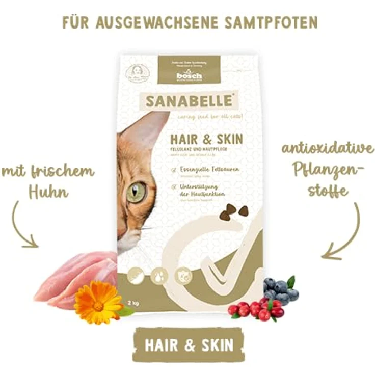 Sanabelle Hair & Skin, Trockenfutter für Katzen, Adult, speziell für langhaarige Katzen, 2 kg mit Omega-3 und Omega-6 Fettsäuren – Bild 5