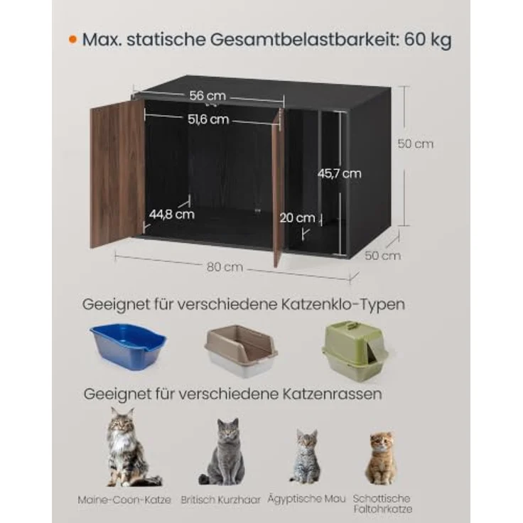 SONGMICS Home Katzenklo-Schrank PCL013BK01, Toolless-Technologie, werkzeuglose Montage, für große Katzen, Push-to-Open, edelholzschwarz-dunkelwalnussfarben – Bild 4