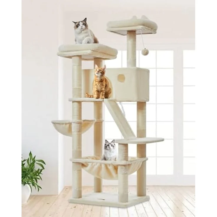 Taoqimiao 146CM Kratzbaum Groß, Stabiler Katzenbaum mit 2 Katzenhäusern, Metallhängematte, 8 Kratzsäulen und Katzenkratztafel, Beige MS026M – Bild 1