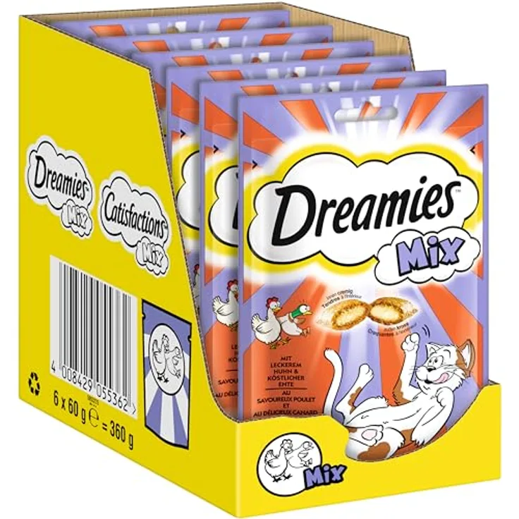 Dreamies Katzensnack Mix mit Huhn und Ente, cremiger Kern und knusprige Hülle, 6x60g