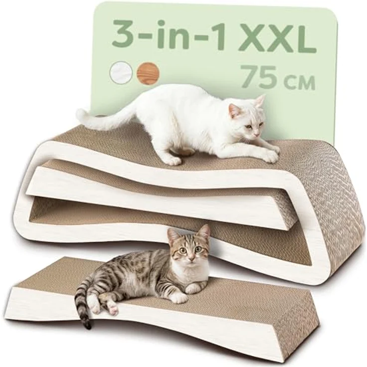 Knupis Kratzbrett Katze XXL Mountain Weiß 75 cm – 3-in-1 Kratzpappe für langanhaltenden Kratzspaß, platzsparend und pflegeleicht – Bild 1