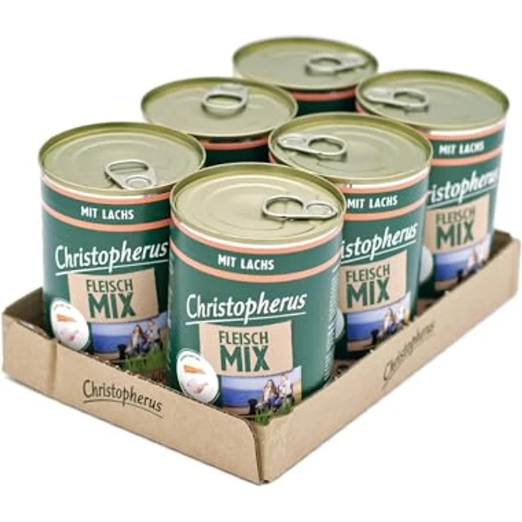 Christopherus Fleischmix mit Lachs, Getreidefreies Nassfutter für Hunde, 6 x 400 g Dosen – Bild 1