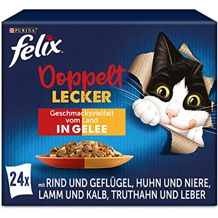 PURINA FELIX So gut wie es aussieht Doppelt Lecker in Gelee, Katzennassfutter 24x85g Portionsbeutel, komplett und ausgewogen mit Vitaminen D und E, ohne Farbstoffe und künstliche Aromastoffe