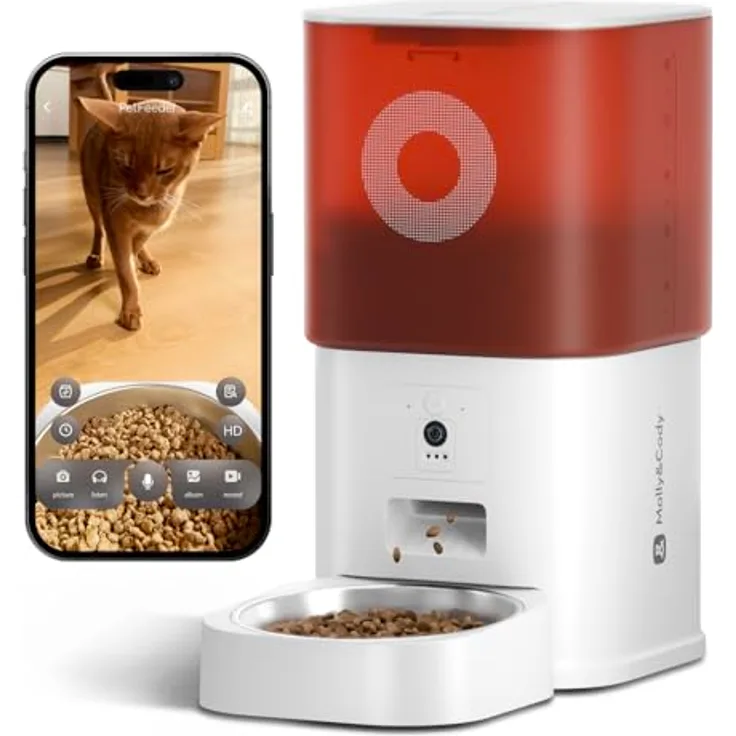 MOLLY&CODY Futterautomat Katze mit Kamera 6L, automatischer Futterspender für Katzen und Hunde, App-Steuerung, 2-Wege-Audio, Nachtsicht, Edelstahl-Schüssel (Weiß & Rot)