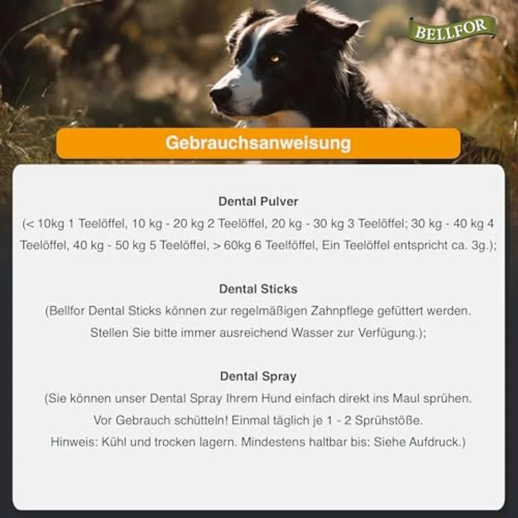 Bellfor Zahnpflege Sparset, optimale Zahnpflege für Hunde, Dental Pulver 80 g + 4 x 100 g Dental Sticks + 100 ml Dental Spray – Bild 8