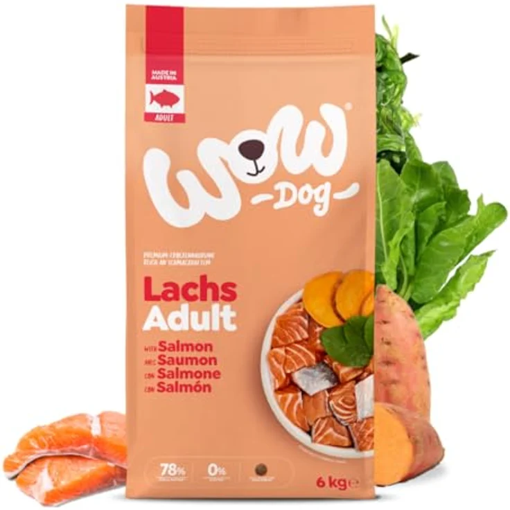 WOW Adult Lachs, Premium Hunde-Trockenfutter für alle Rassen, 6 kg, glutenfrei und reich an Omega-3-Fettsäuren – Bild 1