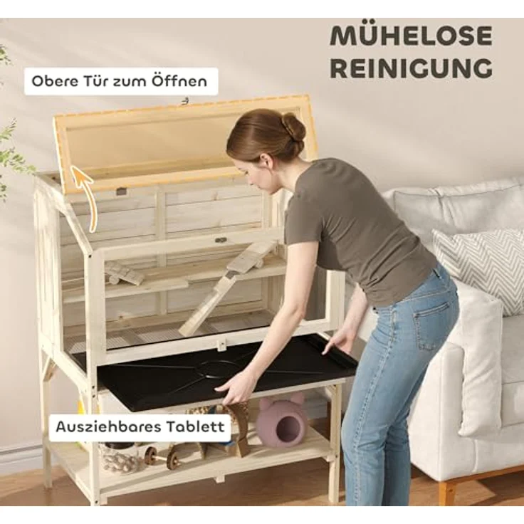 PawHut Hamsterkäfig aus Holz 2 Etagen mit Holz-Hütte, Unterlagefach, Wippen, Rampe, 84 x 53 x 110 cm, Natur – Bild 4