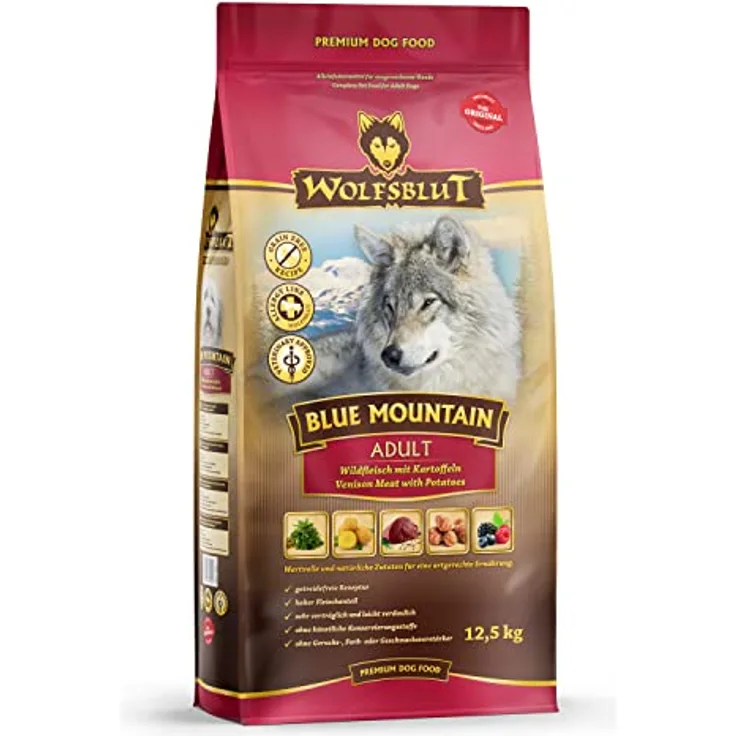 WOLFSBLUT Blue Mountain Adult Trockenfutter, 12,5 kg, getreidefrei mit Wild und Superfoods für ausgewachsene Hunde