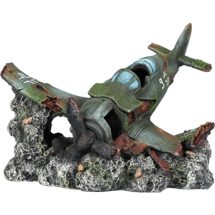 EBI Aqua Della Raven, Aquarium Dekoration, realistische Flugzeugwrack-Nachbildung aus grünem Polyresin, geeignet für Süß- und Salzwasser, 27 x 22 x 16 cm