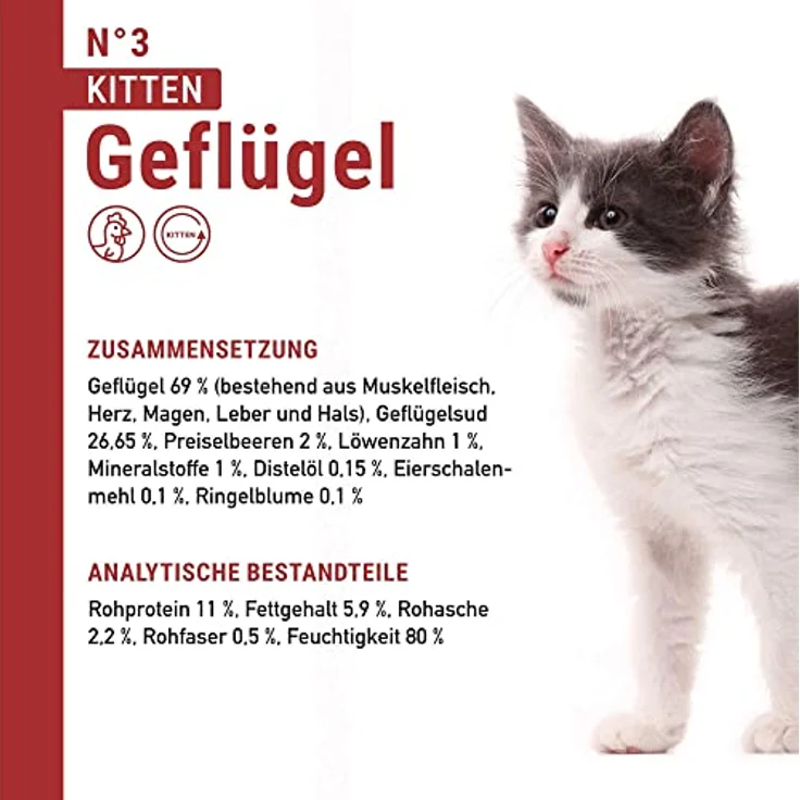 catz finefood Kitten Multipack, Nassfutter für junge Katzen, getreidefrei und zuckerfrei, 90% Fleischanteil, 6 x 200 g Dosen – Bild 2