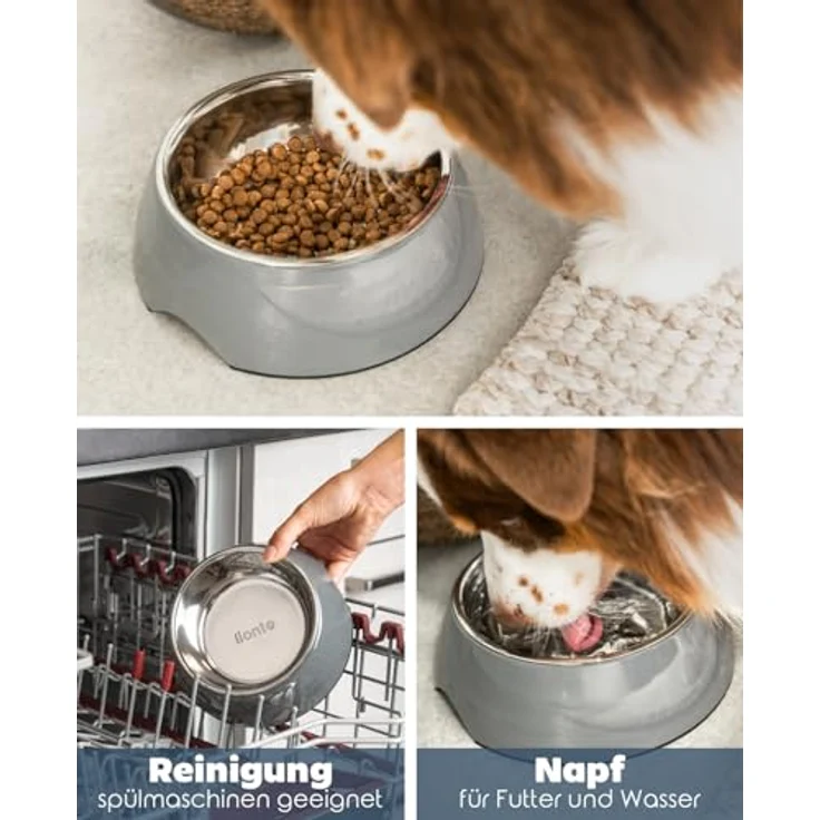 lionto Futternapf aus Melamin, 940 ml herausnehmbarer Edelstahlnapf, Anti-Rutsch Boden, leicht zu reinigen, ergonomisches Design, grau, für Hunde & Katzen – Bild 3