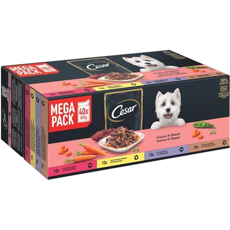 Cesar Selektion in Sauce, Premium Hunde Nassfutter im Portionsbeutel, 4 Varietäten, 40x100g, 100% vollwertig, ohne Zuckerzusatz, natürliche Zutaten – Bild 1