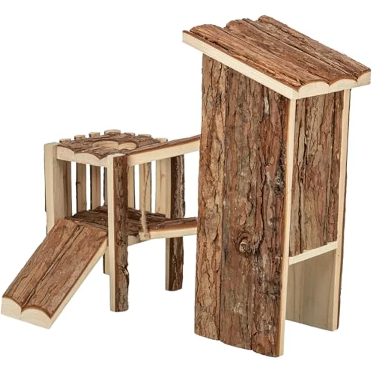 TRIXIE Spielplatz - Diverse, Kleintierspielzeug mit Futterplatz und Schlafbereich, Hängebrücke aus Rindenholz, 32 × 19 × 29 cm