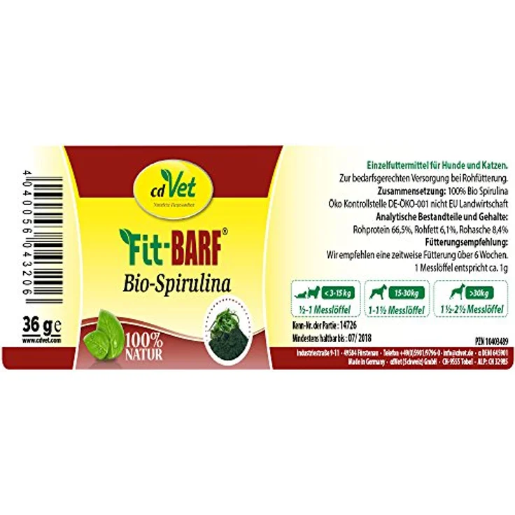cdVet Fit-BARF Bio-Spirulina 36 g, Nährstoffreiches Ergänzungsfuttermittel für Hunde & Katzen, zur Unterstützung von Darm, Basenbildung und Säurehaushalt – Bild 2