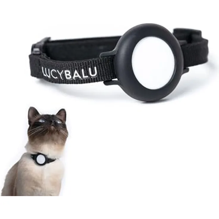 LucyBalu® Premium AirTag Katzenhalsband | Reißfestes, verstellbares Nylonhalsband für Katzen | Kompatibel mit Apple AirTag | Sicherheitsverschluss | Schwarz