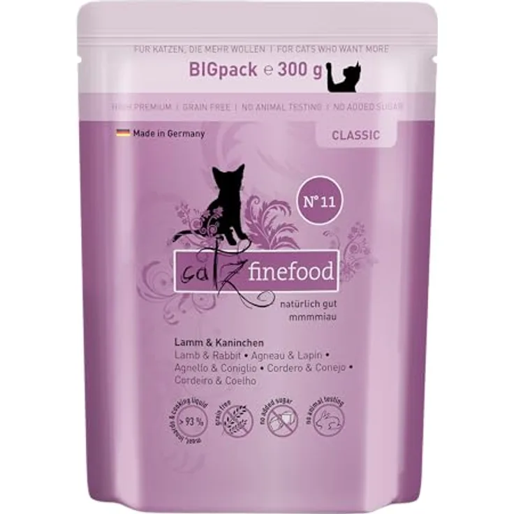 catz finefood N° 11 Lamm & Kaninchen, Premium Katzen-Nassfutter ohne Getreide und Zucker, 6 x 300g Beutel mit hohem Fleischanteil
