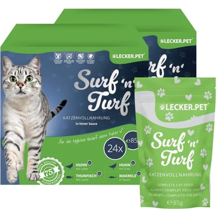 Lyra Pet Lecker.Pet® Surf'n'Turf Pouches, 48 x 85 g Multipack Katzenfutter in feiner Sauce, getreidefrei & glutenfrei, reich an Proteinen & Mineralien – Bild 1