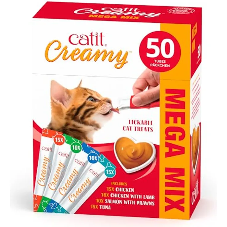 Catit Creamy Multi Pack, Katzensnacks mit Huhn, Thunfisch, Lamm und Meeresfrüchten, 50 x 10 g Tuben, getreidefrei und ohne künstliche Zusätze