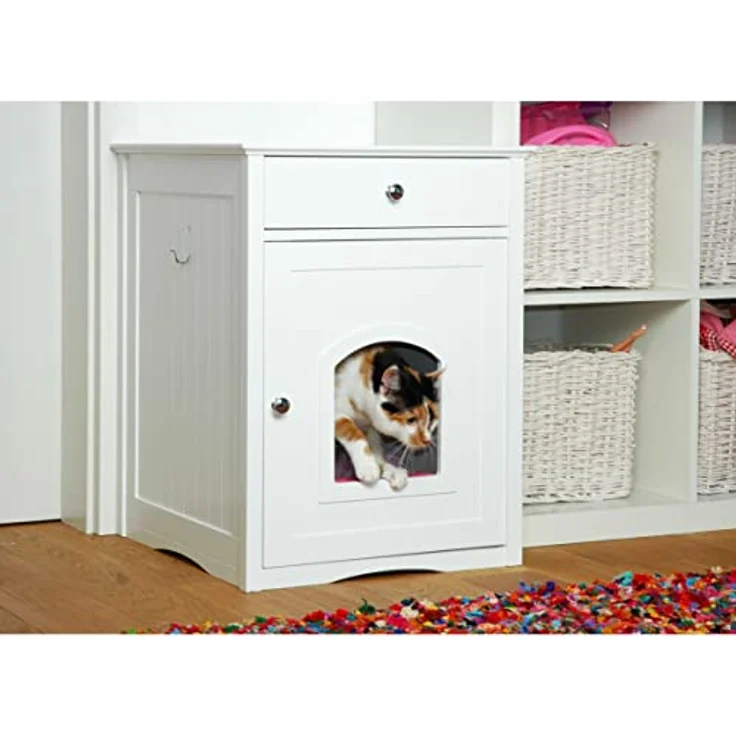 Dobar Mohrle (Katzenklo geschlossen), Katzenschrank aus Holz mit integrierter Katzenhöhle und zusätzlicher Stauraum, weiß – Bild 5