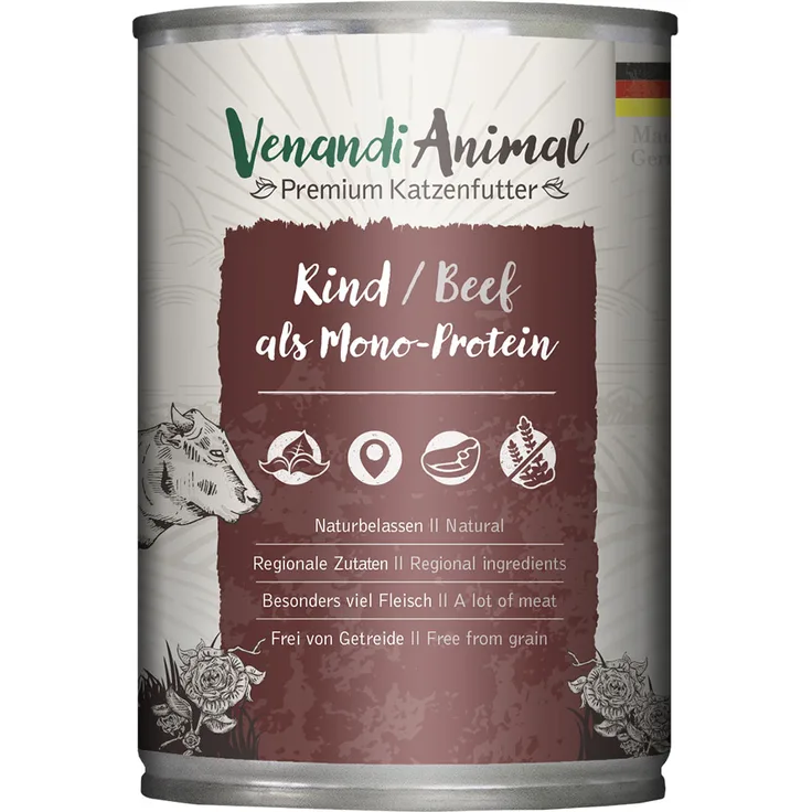 Venandi Animal Monoprotein 6 x 400 g, hochwertiges Katzen-Nassfutter mit Rind, für empfindliche Mägen, getreidefrei, aus nachhaltigem Anbau