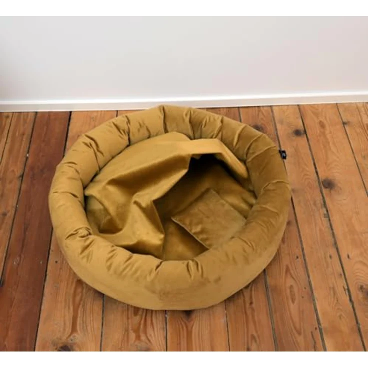 Rohrschneider LAJOS Kuschelinsel für Hunde, Rund mit Hohem Rand, Abnehmbarer Bezug, Samtstoff Polyester, Antirutsch-Unterseite, Senf, Gr. S: Ø50x15cm – Bild 2