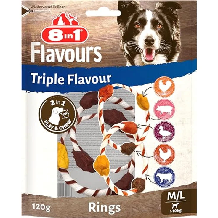 8in1 Triple Flavour Rings, Kausnacks für Hunde M/L mit extra viel Fleisch, 120g Beutel (2 Doppelringe), reich an Proteinen, ohne Zucker und künstliche Aromen – Bild 1