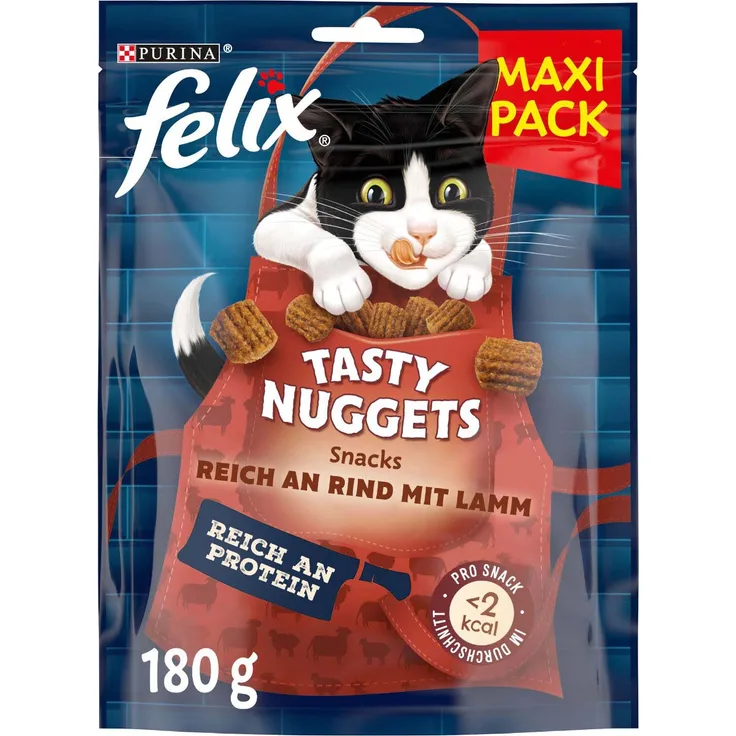 FELIX Tasty Nuggets Katzensnack, Rind und Lamm, proteinreicher Snack für ausgewachsene Katzen, 180g