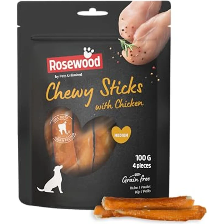 Rosewood Chewy Sticks Huhn Medium – Kaustangen mit Huhn und Rinderhaut, getreidefreier Kausnack für Hunde, unterstützt die Zahnpflege, 100 g – Bild 1