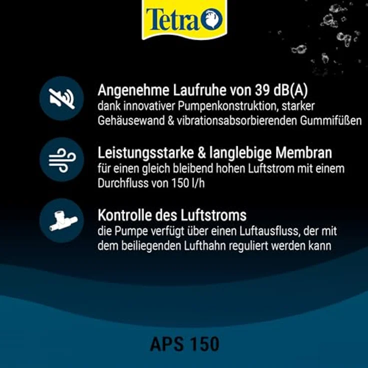 Tetra APS 150, leise Membran-Aquariumluftpumpe für Aquarien von 80-150 L, weiß, hohe Luftstrom-Leistung, innovative Geräuschdämpfung, 3 Jahre Garantie – Bild 3