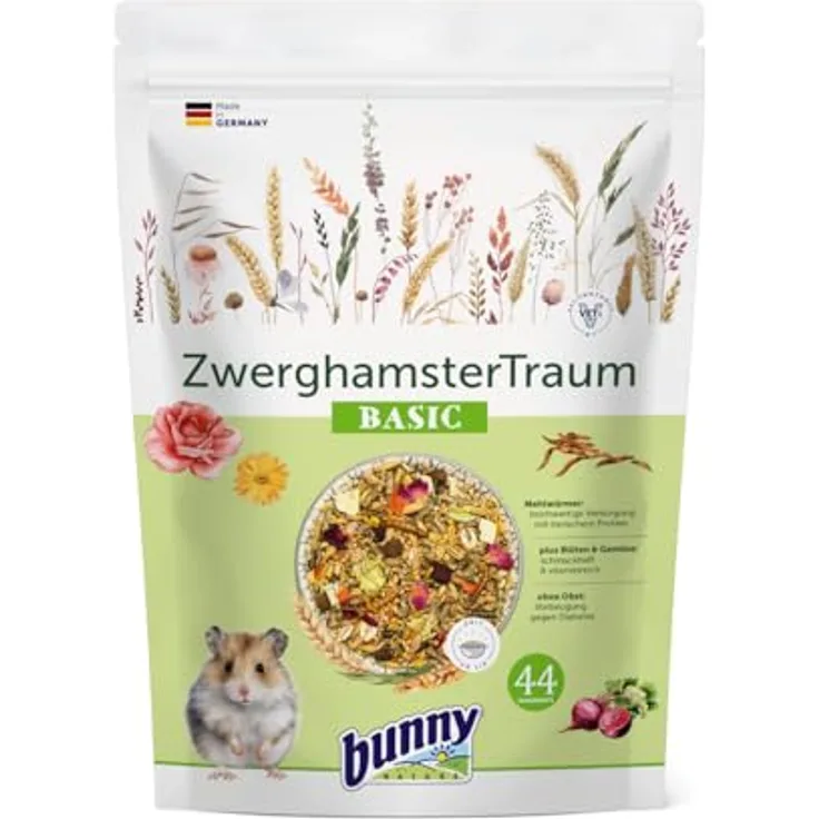 Bunny ZwerghamsterTraum Basic, Alleinfuttermittel für Zwerghamster, 600 g mit Mehlwürmern, Gemüse & Blüten, balancierte Long-Life-Rezeptur, ideale Teilchengröße