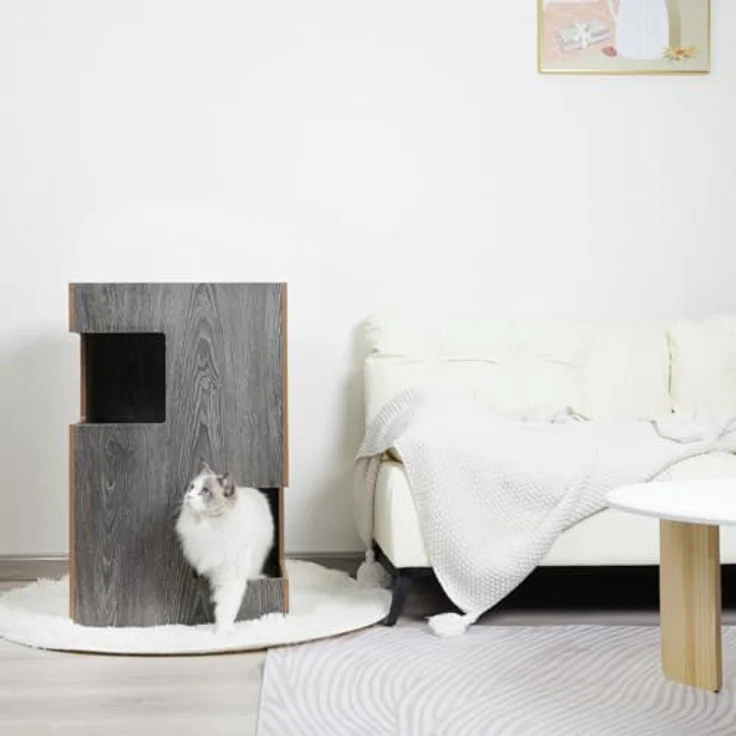 CanadianCat Company Cat Castle, Premium Katzenbett aus Holz mit 2 Höhlen, inkl. 3 waschbaren Kissen, dunkelgrau, 50 x 50 x 80 cm – Bild 4