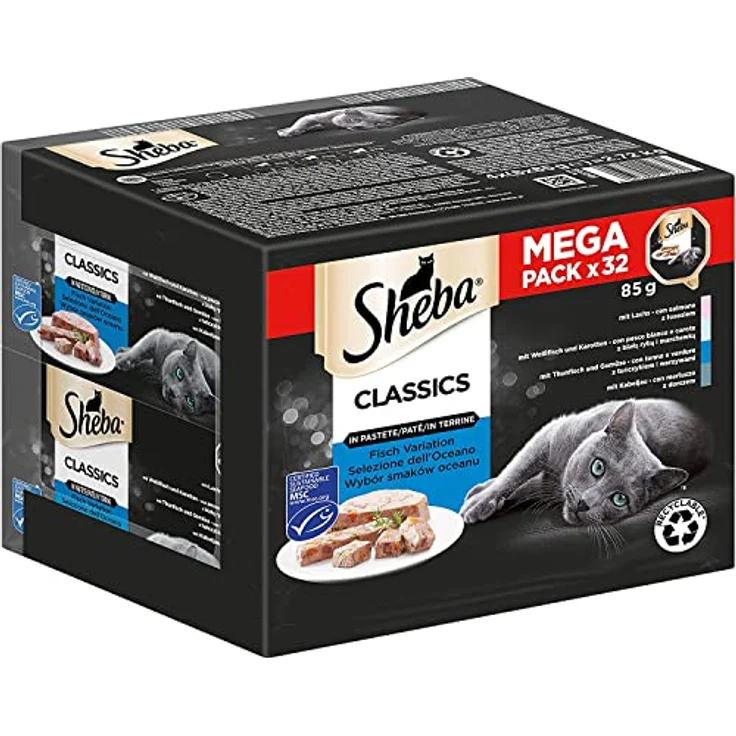 Sheba Classics in Pastete, Fisch Variation (MSC) mit Lachs, Weißfisch, Thunfisch und Kabeljau, 32 x 85g Katzennassfutter – Bild 1