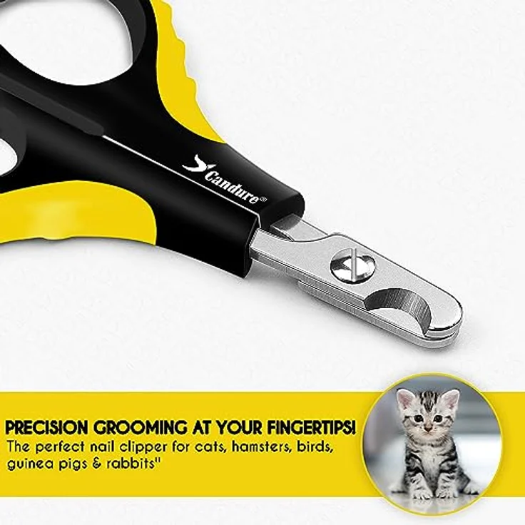 Candure Profi Krallenschere für Hunde und Katzen, Edelstahl Nagelknipser mit Nagelfeile und Sicherheitsschutz, Klein (XS), Gelb – Bild 2