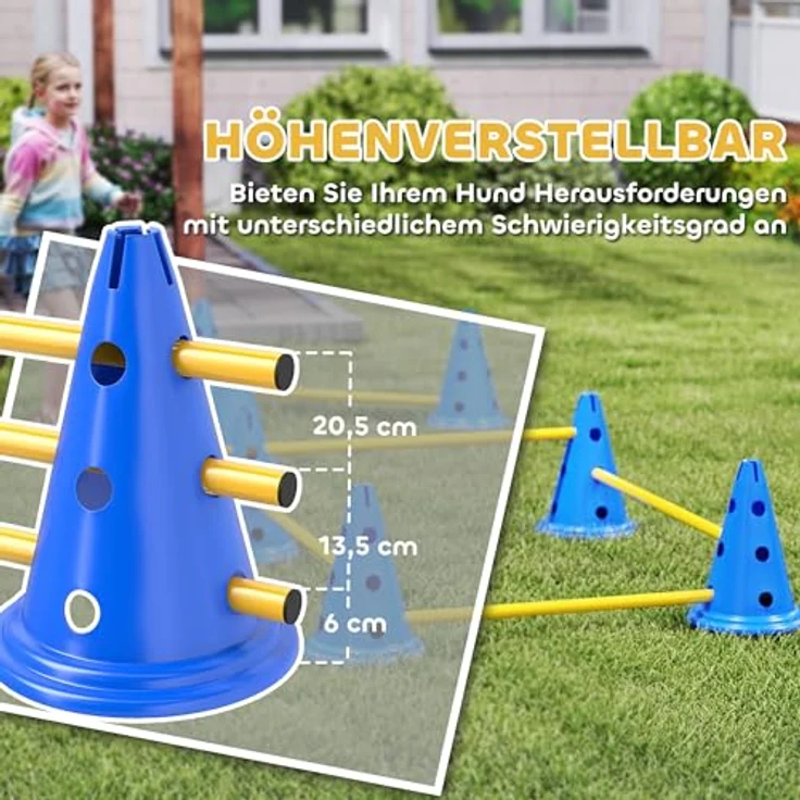 PawHut Agility Set Hunde, 6-teiliges Agility Ausrüstung mit 12 Kegeln, höhenverstellbar und tragbar, blau – Bild 5