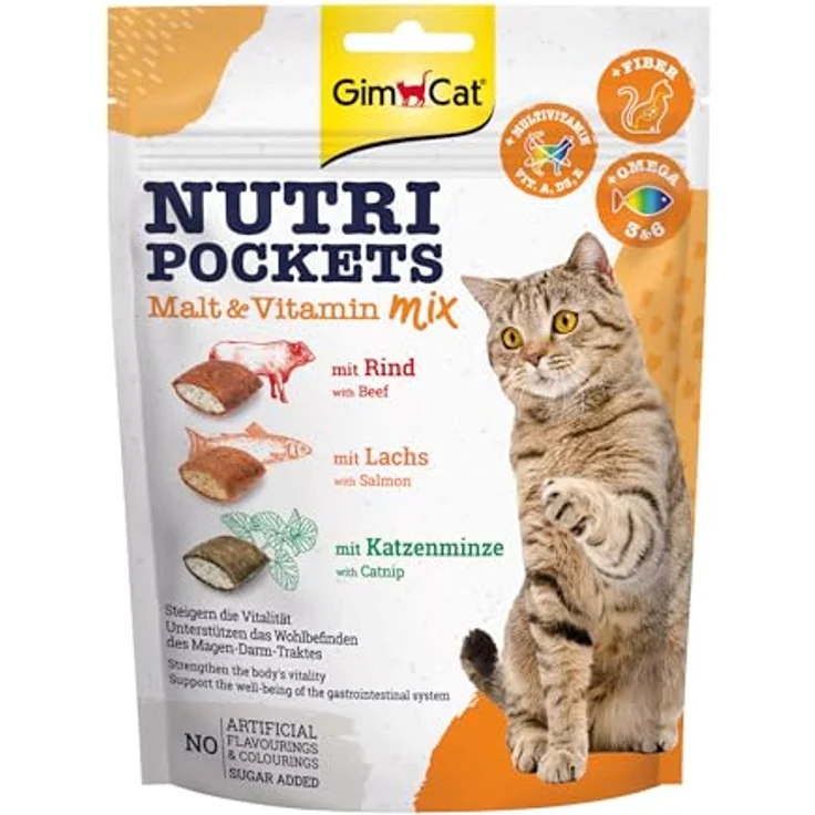 GimCat Nutri Pockets Malt & Vitamin Mix, Knuspriger Katzensnack mit cremiger Füllung und funktionalen Inhaltsstoffen, 150 g Beutel – Bild 1
