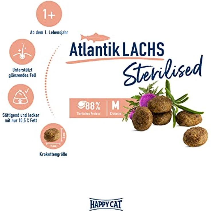 Happy Cat 70579 - Sterilised Adult Trockenfutter Atlantik Lachs für sterilisierte Katzen und Kater, 1,3 kg, leicht verdaulich, fettarm, Made in Germany – Bild 2