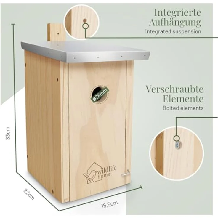WILDLIFE HOME Nistkasten Meisen 2er Set, wetterfestes Massiv-Holz mit Metalldach für Blaumeisen, inklusive einfach zu reinigender Aufkapp-Front, nach NABU – Bild 5