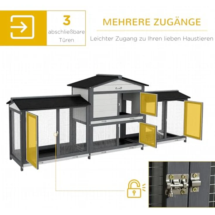 PawHut Hasenstall 2 Etagen, Kaninchenstall aus Holz 230 x 53 x 93,5 cm mit Rampe, Freilaufgehege, ausziehbaren Bodenwannen und Bitumendach, hellgrau – Bild 5