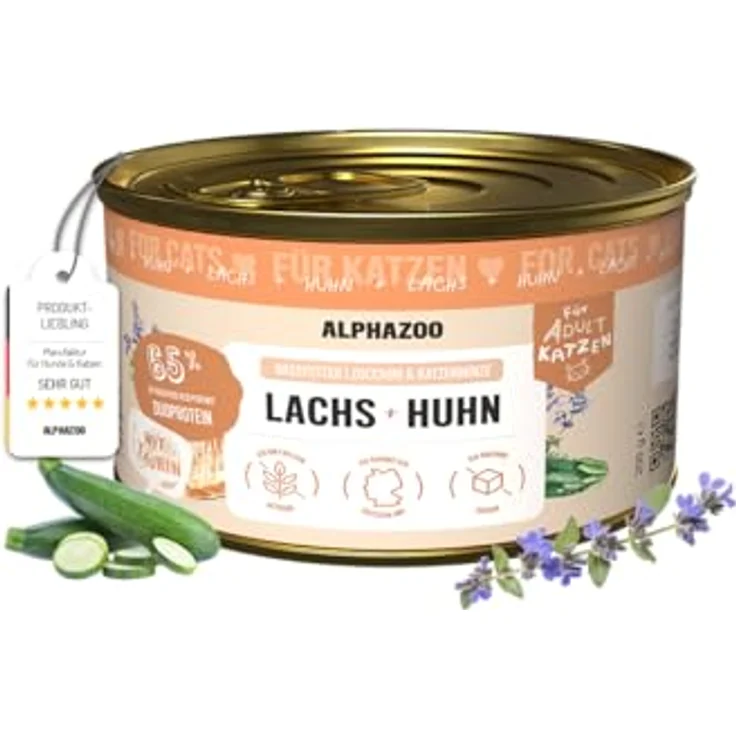 alphazoo Katzenfutter Lachs + Huhn 6x200g - getreidefrei, proteinreich mit Zucchini, Lachsöl & Katzenminze, unterstützt Vitalität & glänzendes Fell – Bild 2