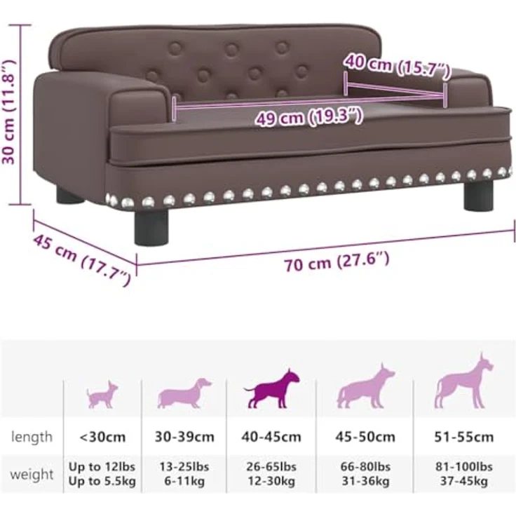 vidaXL Hundekorb Hundebett Braun Kunstleder 70x45x30 cm - Stilvolles Hundesofa für kleine Hunde - Wasserabweisend und leicht zu reinigen – Bild 4