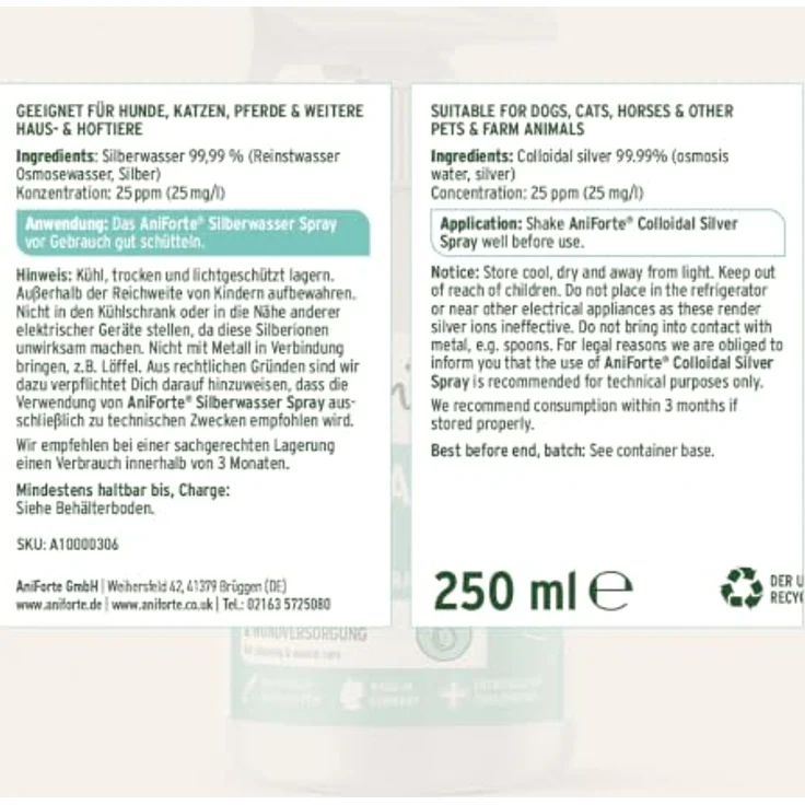 AniForte Kolloidales Silberwasser für Hunde & Katzen 250 ml - zur Wundversorgung, Reinigung & Pflege, 25 ppm kolloidales Silber, Silberspray aus reinem Osmosewasser – Bild 5
