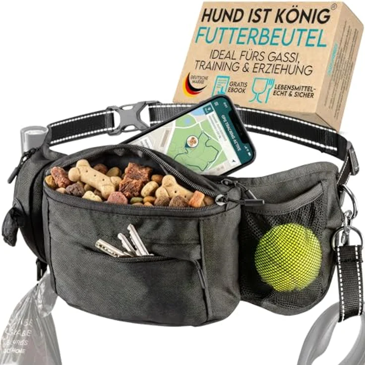 HUND IST KÖNIG Leckerlitasche für Hunde, Robuste Bauchtasche mit Kotbeutelspender, Handyfach & Gurt für Flexileine, Schwarz – Bild 1