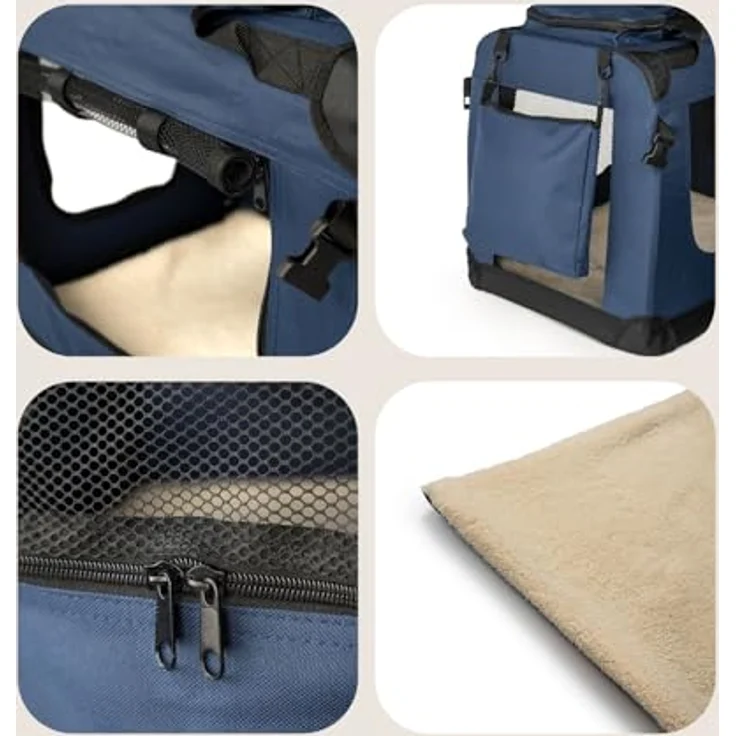 lionto Tiertransportbox, stabil und faltbar für Hunde und Katzen bis 15 kg, 70x52x50 cm, dunkelblau mit optimaler Luftzirkulation und abnehmbarem Innenkissen – Bild 4