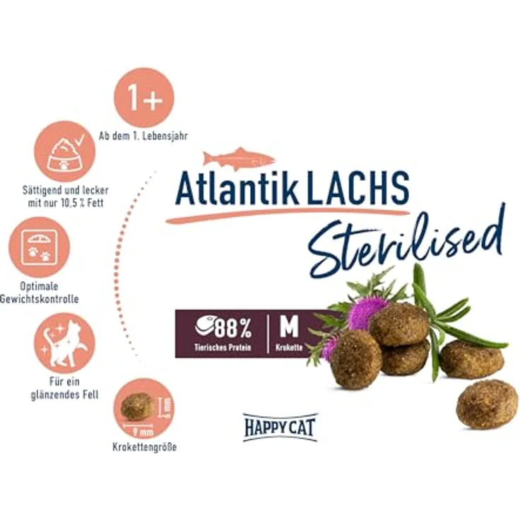 Happy Cat Supreme Trockenfutter für Katzen, Adult, Sterilised mit Atlantik-Lachs, 4 kg, 10,5% Fett, unterstützt Gewichtsmanagement und Haarballenkontrolle – Bild 3