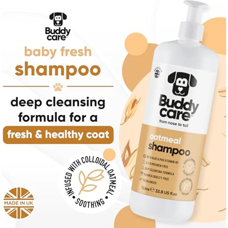 Buddycare Haferflocken-Hundeshampoo, beruhigend und feuchtigkeitsspendend mit Aloe Vera & Pro-Vitamin B5, 1L – Bild 1